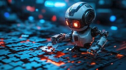 Poster - Futuristic 3D search engine robot piecing together a digital puzzle symbolizing the assembly and organization of search results and information for optimal retrieval and relevance