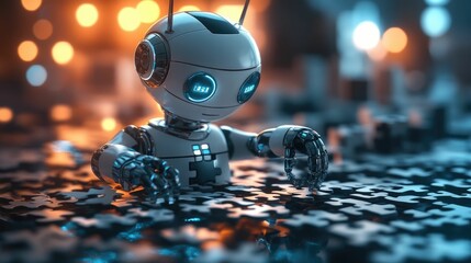 Poster - A 3D search engine robot piecing together a digital puzzle symbolizing the assembly of search results and the process of retrieving and connecting relevant information