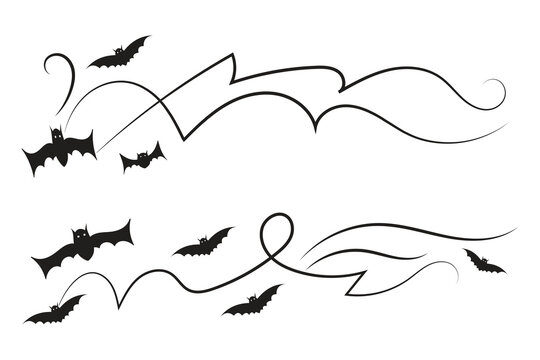 set of Halloween Bats flourish dividers, hand-drawn fancy lines Calligraphy Ornament vine scroll page separator, decorative ornate swirls vintage menu Wedding border holiday design element

