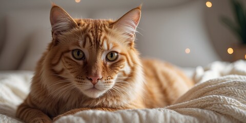 Naklejka na meble Cute golden bengal on a white knitted sweater in the bedroom.