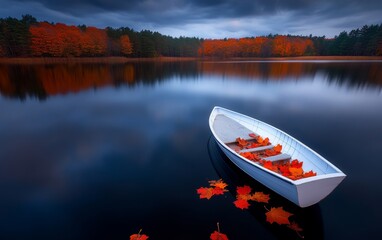 autumn landscape with vibrant leaves, a blue sky, and a lake in the forest