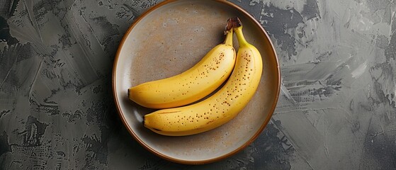 Delicious ripe banana and plate on table, top view 