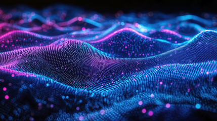 Aufkleber - Abstract blue and pink particles wave forming futuristic landscape. Futuristic technology and data visualization concept. High quality photo