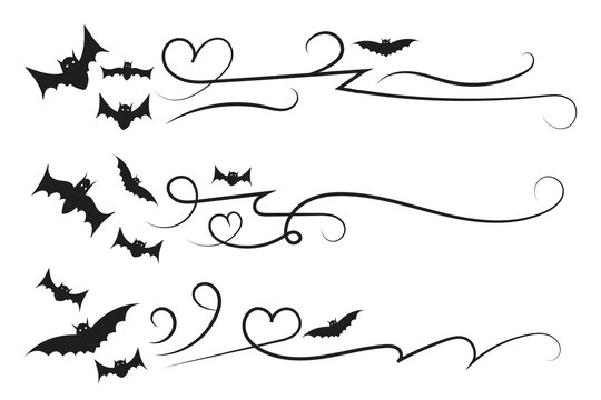 set of Halloween Bats flourish dividers, hand-drawn fancy lines Calligraphy Ornament vine scroll page separator, decorative ornate swirls vintage menu Wedding border holiday design element

