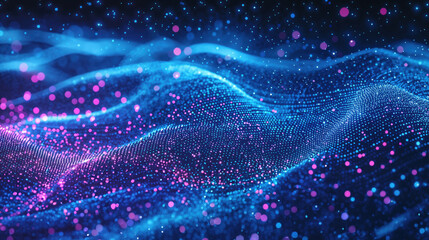Aufkleber - Abstract blue and pink particles wave forming futuristic digital landscape. Futuristic technology and data visualization concept. High quality photo