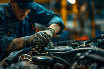 Wall Mural - Mechanic repairing car engine in an auto repair shop, professional working on vehicle maintenance