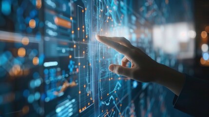 Poster - A hand interacts with a digital interface showcasing big data metrics and analytics at a tech event