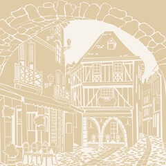  Old town. Street cafe. Old city view. European cityscape: house, building, Street cafe. Old houses on white background.  antique medieval treasure parchment. Vector Illustration