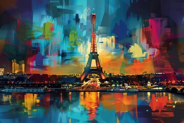 Canvas Print - Vivid artistic illustration of Paris, France - Eiffel Tower, Abstractionism style