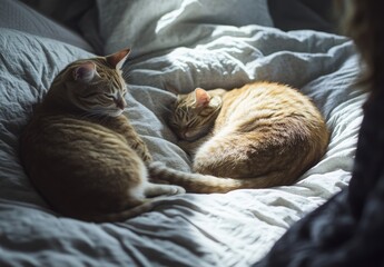 A cat curled up on the bed next to a person still half-asleep, with soft, diffused light coming in