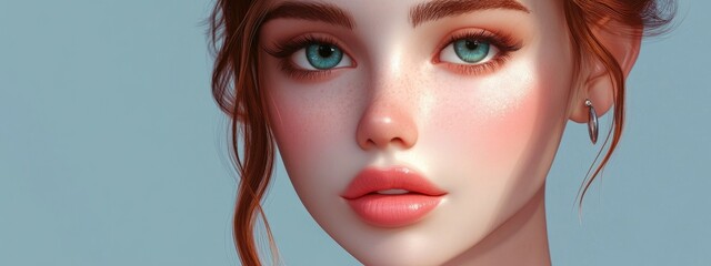 3D Cartoon Portrait of a Beautiful Woman with Perfect Skin and Pink Lipstick