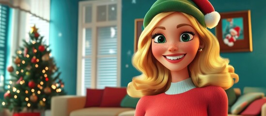 Wall Mural - 3D Cartoon Portrait of a Cheerful Blonde with a Hat Celebrating Christmas at Home in the Living Room