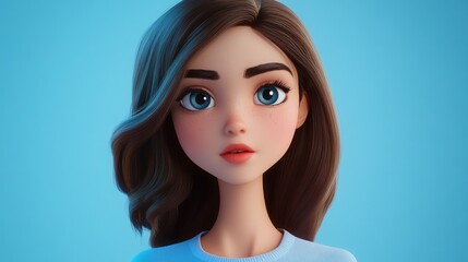 Wall Mural - 3D Cartoon Portrait of a Girl Against a Blue Background