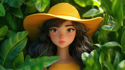 Wall Mural - 3D Cartoon Portrait of a Girl in a Yellow Hat Surrounded by Green Plants