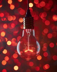 Illuminated light bulb with soft, red bokeh background, creating a warm and cozy ambiance.