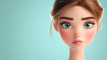 Poster - 3D Cartoon Portrait of a Pretty Girl with a Beautiful Face and Smooth Skin on a Light Background