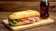 © AI Studio - a baguette sandwich with lettuce, tomato, and ham on a wooden board