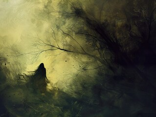 Sticker - Mysterious Woman in a Dark Forest - Fantasy Landscape Painting