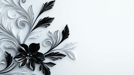 Elegant damask floral motif in black and silver, close-up, isolated on a white background, more clarity with clear light and sharp focus, high detailed