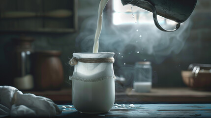 Milk is being poured from a tin mug into a white ceramic jar covered with cloth, on a wooden table in a traditional kitchen