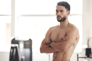 Canvas Print - Arms crossed, exercise and portrait of shirtless man in boxing gym for challenge, self defense or sports training. Body, fitness and wellness with confident athlete in health club for workout