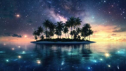 Tropical island with palm trees under starry night sky.