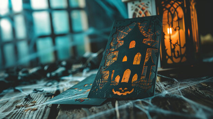 Detailed view of a Halloween invitation card with a haunted house design, placed on a table with cobwebs