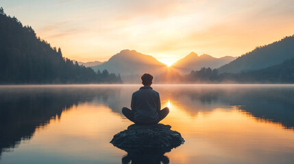 Man meditating yoga at sunset mountains Travel Lifestyle relaxation emotional concept adventure summer vacations outdoor harmony with nature