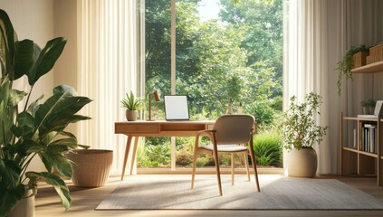 Wall Mural - A wooden desk with a chair by a window overlooking