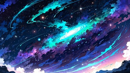 Wall Mural - high contrast anime breathtaking green cosmic nebula swirling with vibrant background