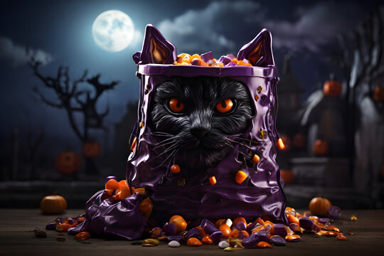 Halloween concept, a bucket look like scary big eyed cat full of chocolate,  background with bat and moon. 