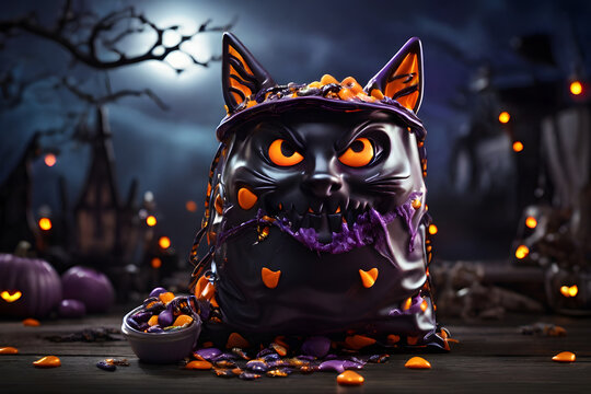 Halloween concept, a bucket look like scary big eyed cat full of chocolate,  background with bat and moon. 