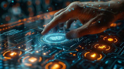 A hand is pressing a button on a futuristic screen with an electric glow, The human hands touch futuristic display computer.
