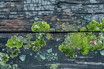 Poster - A wood surface covered in moss and glass shards, abstract grunge background