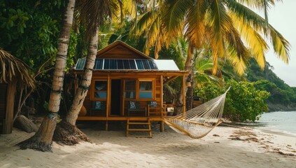 Wall Mural - Beach cabin, palm trees, hammock, solar panels.