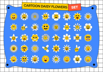 Wall Mural - Cute comic chamomile characters in cartoon retro style with outline. Cartoon Daisy flowers set with funny smiling faces. Happy sunny chamomiles. Bloom chamomile emoji.