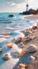 Wall Mural - A beautiful beach scene featuring colorful seashells along the shore with a tranquil lighthouse in the background.