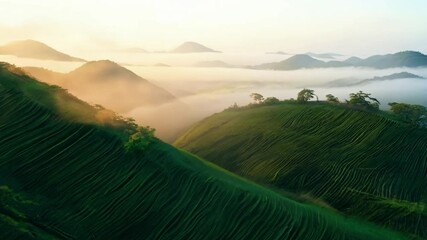 Poster - The Dew-covered rice terraces reflect the dawn light in captivating mountain scenery.