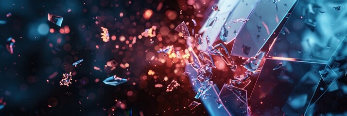 Poster - A hacker breaches a digital shield, scattering fragments around in a dynamic representation of cybersecurity threats and challenges. Generative AI