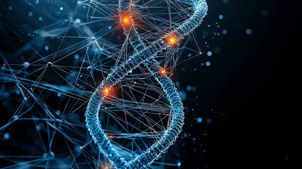 Wall Mural - Science and innovation wallpaper featuring neon atoms and DNA strands, semi close-up, copy space for text,