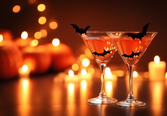 Halloween cocktail party background with two martini glasses decorated in hallow-focus, depth of field and soft lighting, orange color theme,