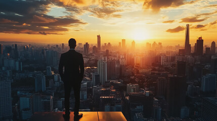 Abstract business man stands on the peak of success amid tall, innovative Smart city and graphs with statistics to analyze business potential and predict future developments in company growth.