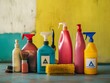 © Daria - Household chemicals warning  toxic bottles, cleaning tools in room, blank space for text