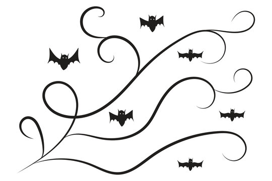 
set of Halloween Bats flourish swirls, hand-drawn fancy lines Calligraphy Ornament vine scroll decorative elements, black and white filigree curls, page decor wedding ornate holiday design element
