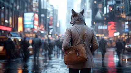 Wall Mural - A wolf in a sleek suit walking through a bustling city street, blending elegance with the urban environment.