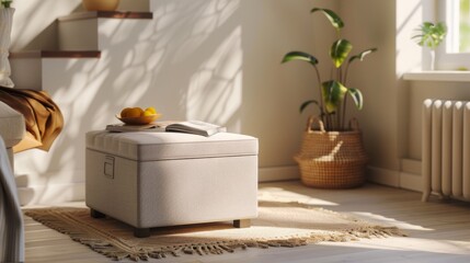 Sticker - Sunlight filters through the window, casting shadows on a cozy living room with a beige ottoman, basket, and potted plant.