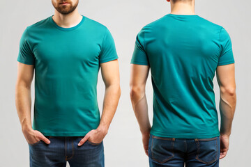 Wall Mural - Man in Teal T-Shirt and Jeans with Hands in Pockets. Front and back t-shirt design mock up.