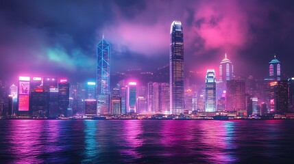 Neon Lights Reflecting on the Water in Hong Kong