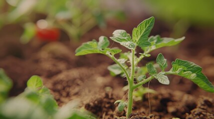 Canvas Print - A young tomato plant thriving in rich, brown soil, symbolizing growth and agricultural vitality.