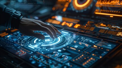 A hand is pressing a button on a futuristic screen with an electric glow, The human hands touch futuristic display computer.